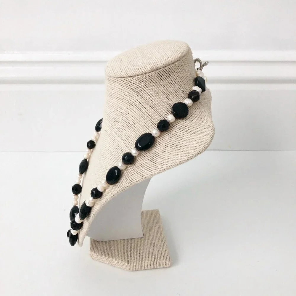 NWT Genuine Black Onyx, Pearls & Black Crystal Necklace Beaded Black White